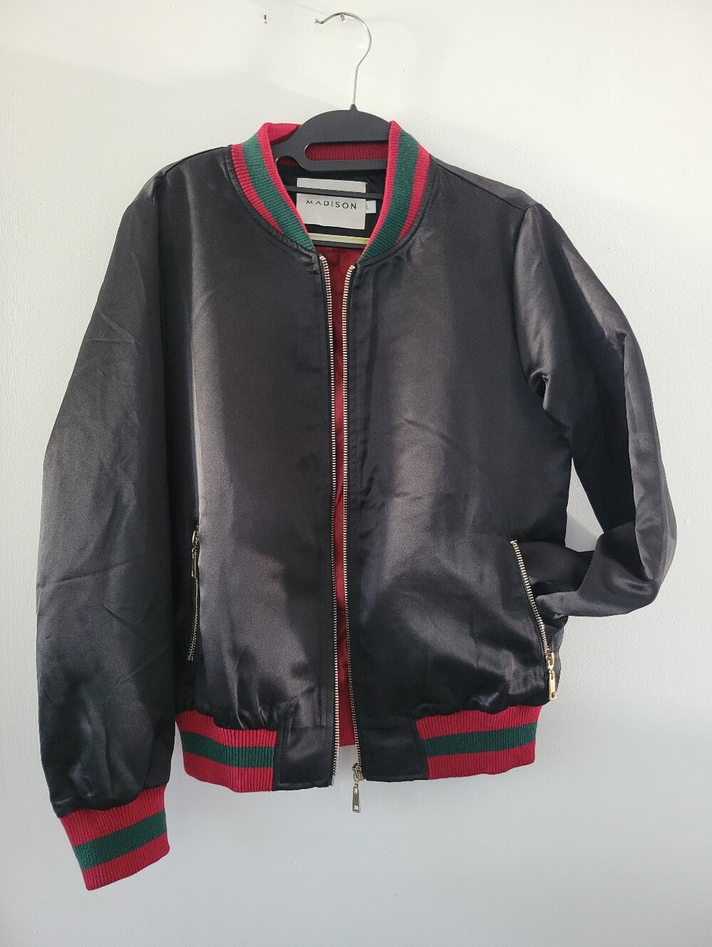 Madison Black Satin Bomber Jacket with Green & Red Varsity Rib Trim - Size L